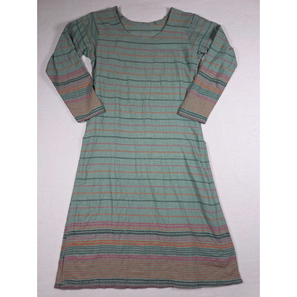 Handmade Teal Striped Long Sleeve Midi Shift Dress Boho Woven Green Medium